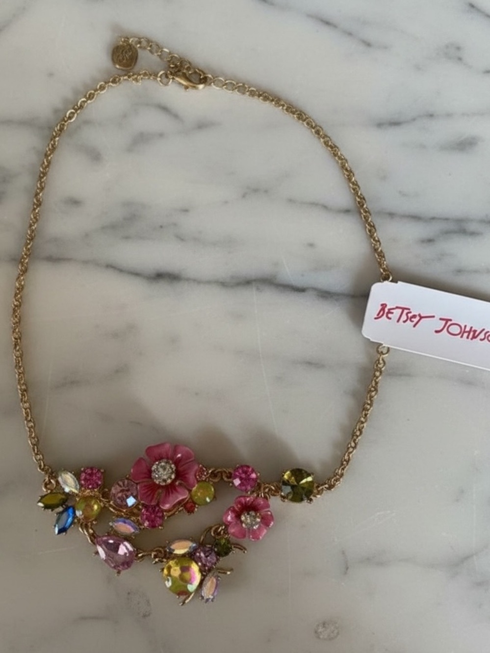 BETSEY JOHNSON Retired Delicate Spring Glam Flower & Bug Frontal Necklace NWT